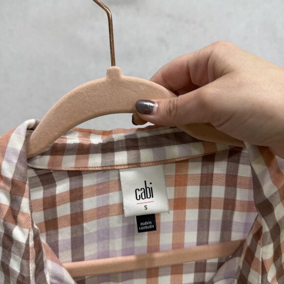 Cabi Shirt Womens Small Brown Orange Purple Plaid Button Front Roll Tab High Low - Picture 2 of 10